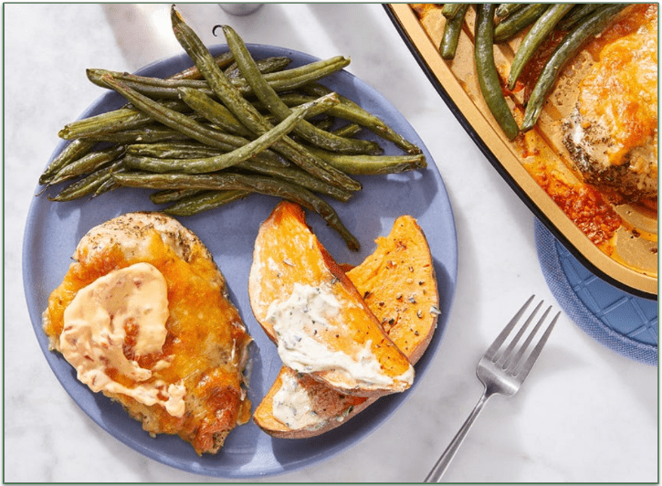 Blue Apron's Oven-Baked Cheesy Italian Chicken with Garlic-Herb Sweet Potatoes & Green Beans