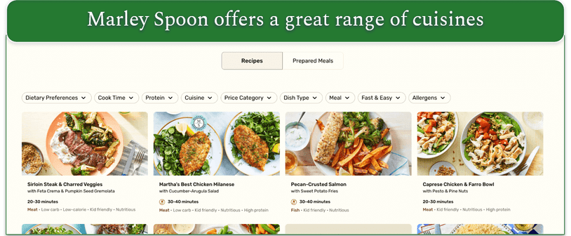 screenshot of marley spoon's menu