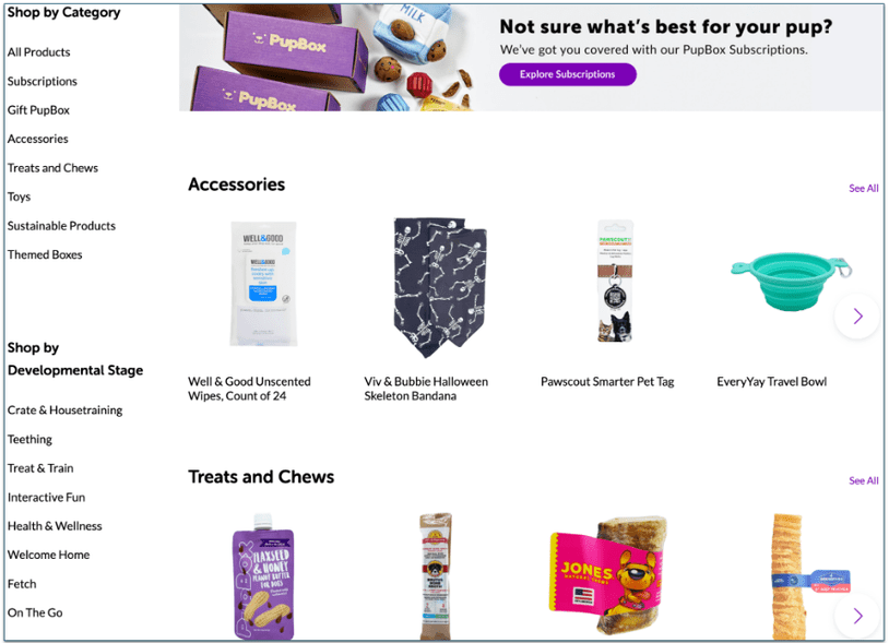 a screenshot of many different products available from PupBox