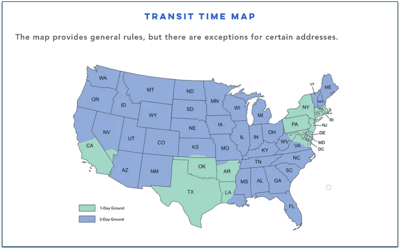 A map of the USA showing Evermore's transit times across different states