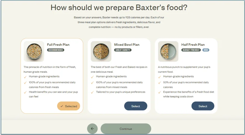 Ollie's meal plan recommendations