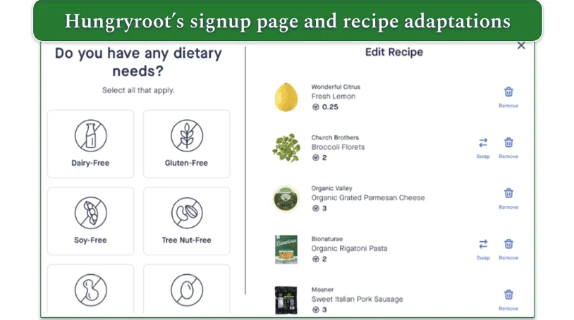 Hungryroot's dietary needs question and edit recipe screen