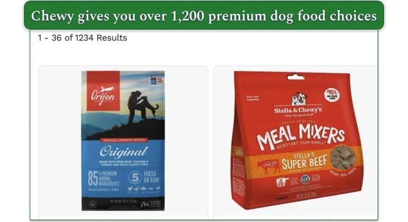 Screenshot of Chewy's Premium dog food category, showing 1,234 choices
