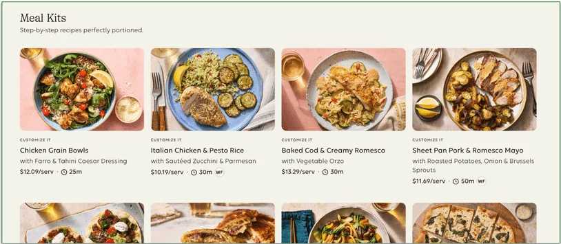 Blue Apron's meal kits menu with serving prices