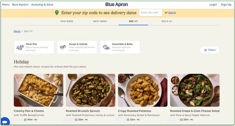 The top of Blue Apron's menu