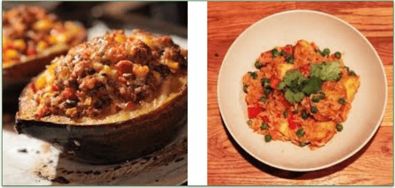 Noom's Stuffed Squash and Shrimp Biryani dishes