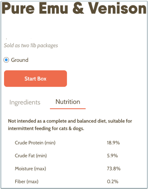 a screenshot of viva raw's pure emu & venison recipe for both dogs and cats