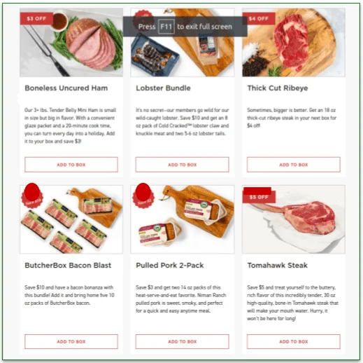 ButcherBox's Add-ons menu