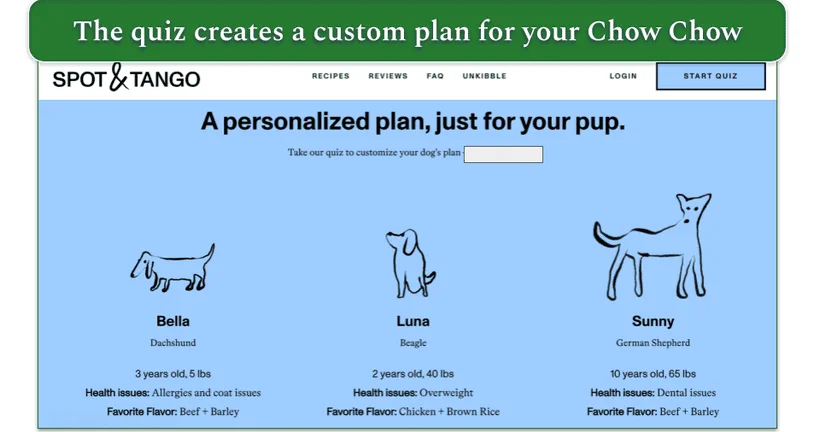 Screenshot of Spot & Tango’s website showing 3 plans for different breeds