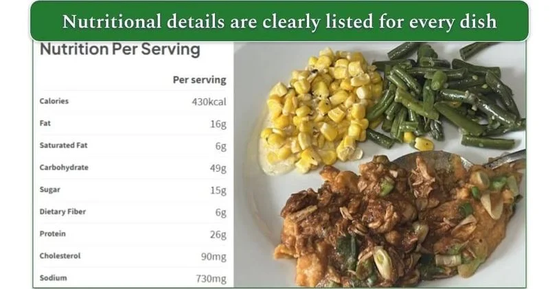 Factor's Shredded BBQ Chicken & Sweet Potato Mash recipe served on a plate next to the nutrition per serving