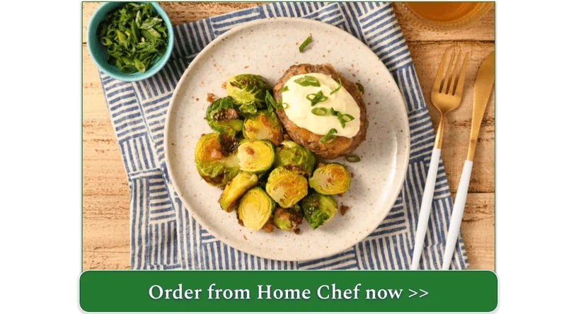 Home Chef's French Onion Beef Meatloaf with crispy bacon Brussels sprouts and green onions