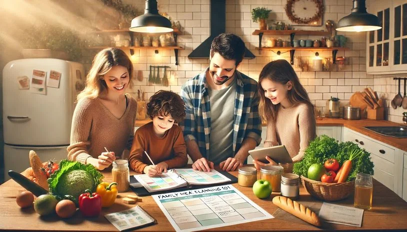 A family gathered around a table of meal-planning supplies