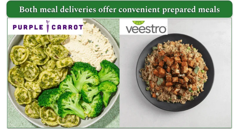 Image of a Purple Carrot meal and a Veestro meal side by side