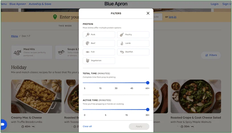 Blue Apron's menu filters