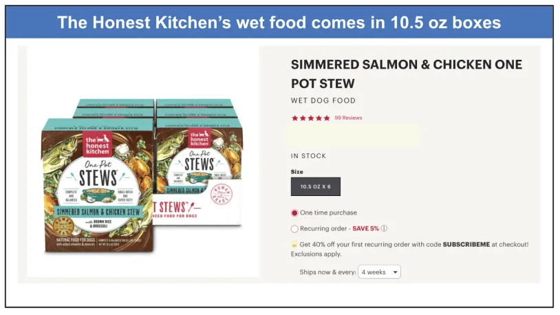 Screenshot of Honest Kitchen's purchase page for Simmered Salmon & Chicken One Pot Stew