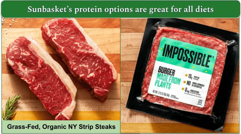 grass-fed, organic NY strip steaks and a package of Impossible Burger plant-based protein