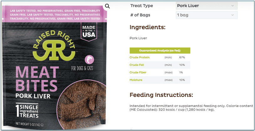 A bag of Raised Right Pork Liver Meat Bites with the nutritional information alongside it