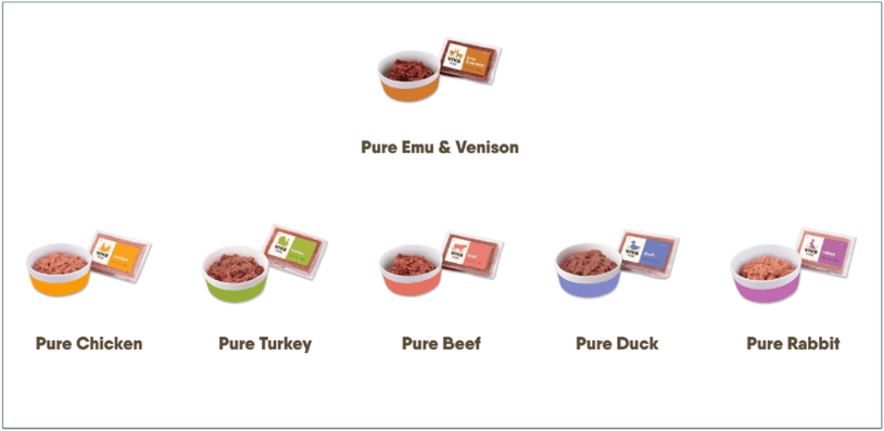 a screenshot of viva raw's pure line of raw cat and dog food