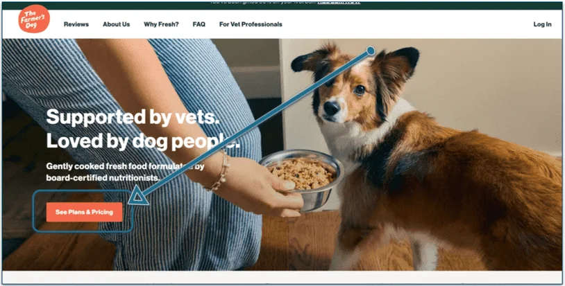 Screenshot of The Farmer's Dog home page with the Start Today button highlighted