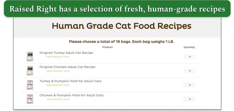 Screenshot of Raised Right cat recipe selection page for a 16-bag plan
