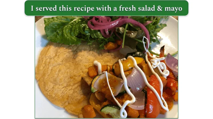 A red lentil tortilla and roasted veg served with a side salad