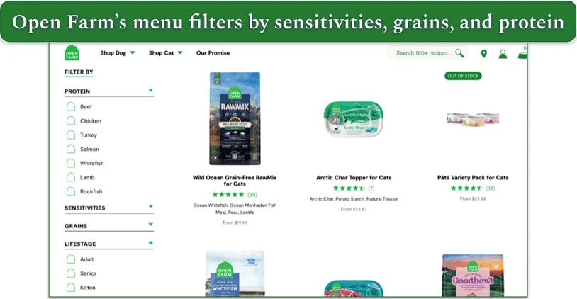 Screenshot of Open Farm’s cat food menu and filters sidebar