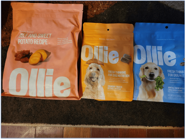 Ollies baked beef and sweet potato along with 2 packs of treats