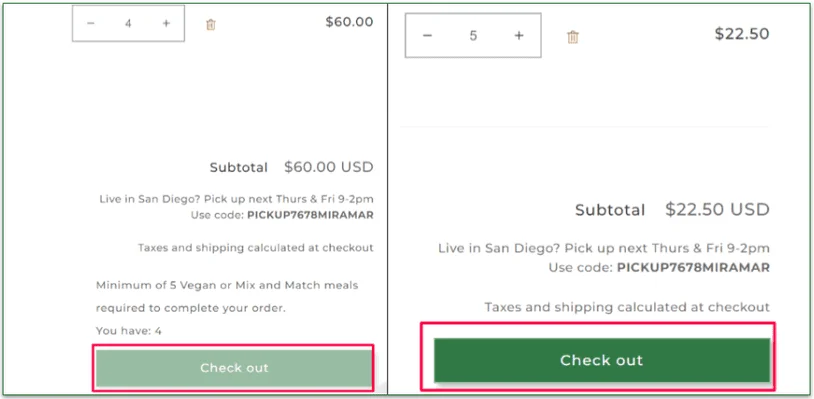 Pete's Real Food's customers can't proceed to payment until Check out becomes vibrant green.