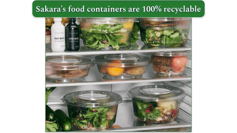 Sakara's recyclable meal containers neatly arranged in the fridge