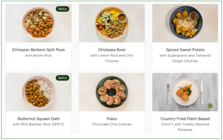 Screenshot of some dishes on Veestro's menu