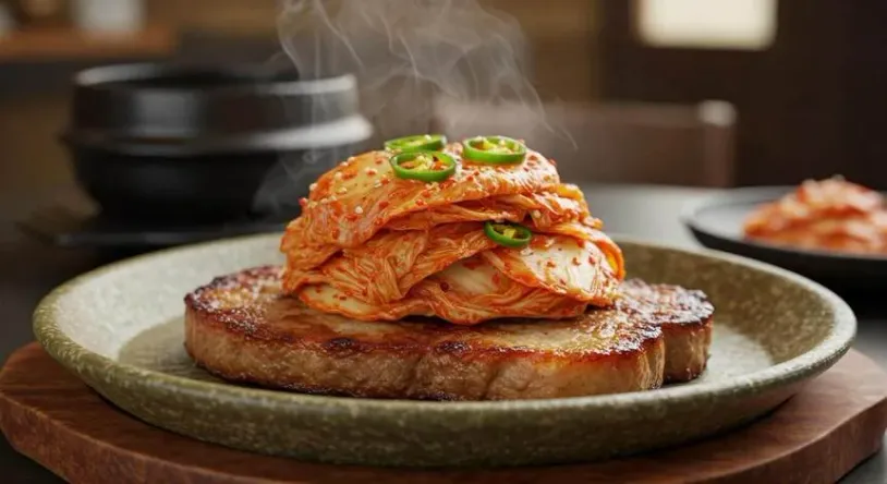 Kimchi on a pork chop on a plate.