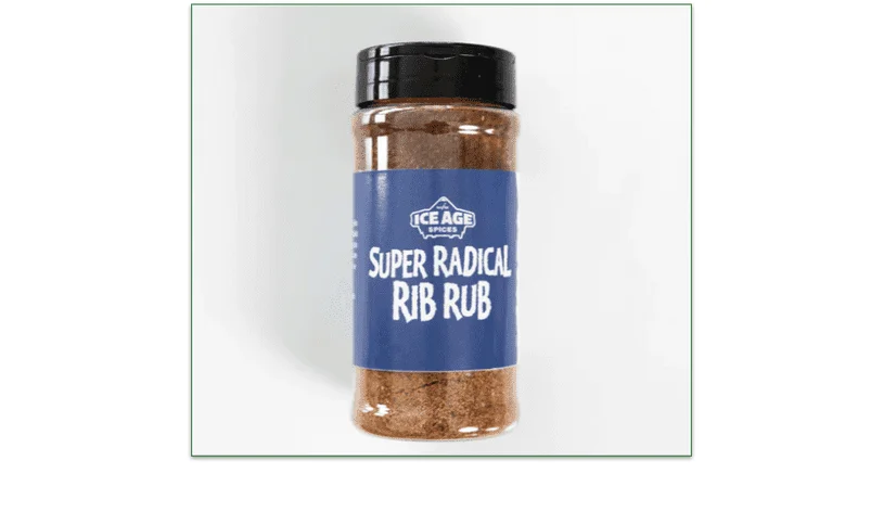 An 8-ounce jar of Ice Age Spices Super Radical Rib Rub