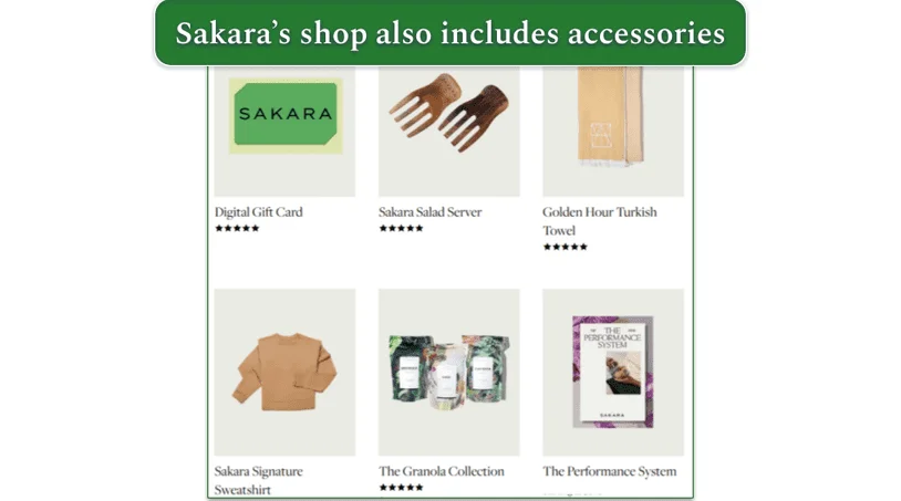 Image of Sakara's a la carte shop with some of the available accessories