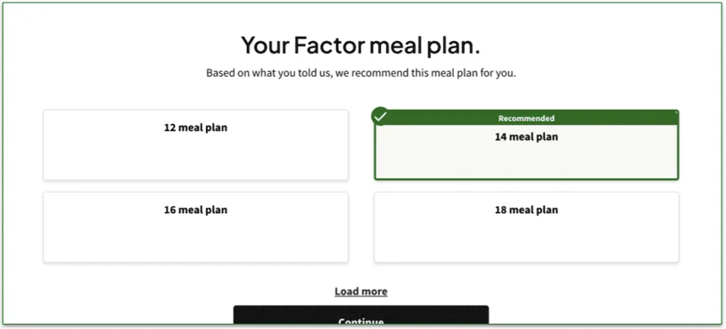 Screenshot of Factor sign up quiz - your factor meal plan