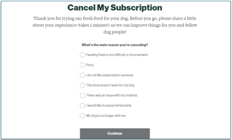 Screenshot of the Cancel My Subscription screen with a question asking the reason for canceling followed by a range of various options