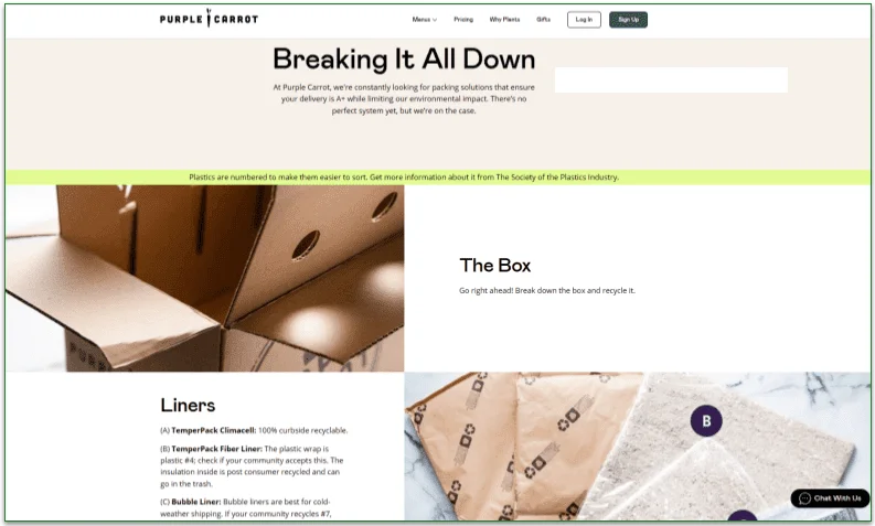 Screenshot of Purple Carrot's dedicated Recycling page