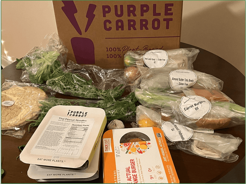Unpackaged Purple Carrot box and contents