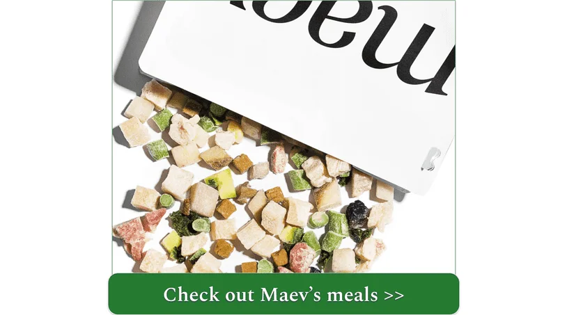 Image of an open Maev packet with its frozen meal pouring out