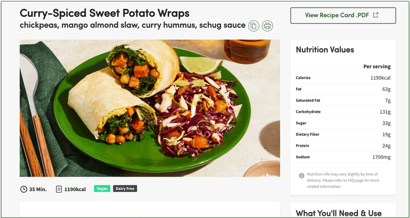 Screenshot of Green Chef’s Curry-Spiced Sweet Potato Wraps