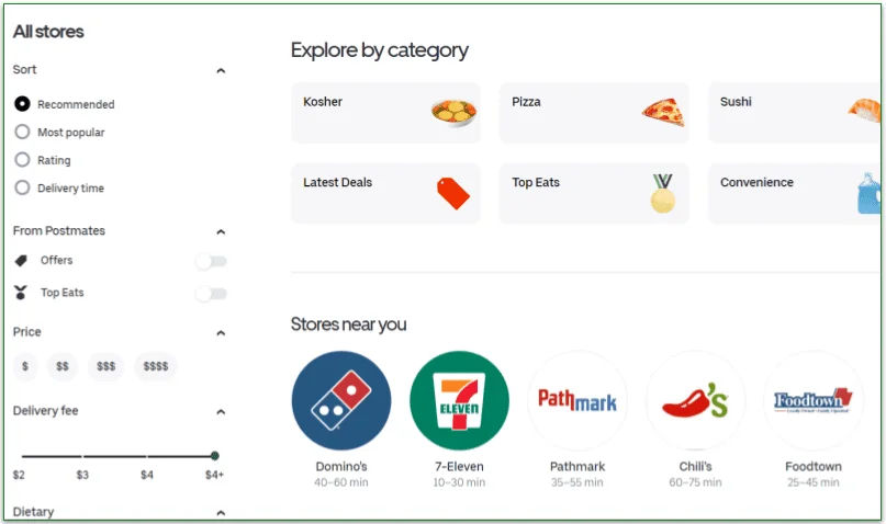 Screenshot of categories and stores to order from on Postmates