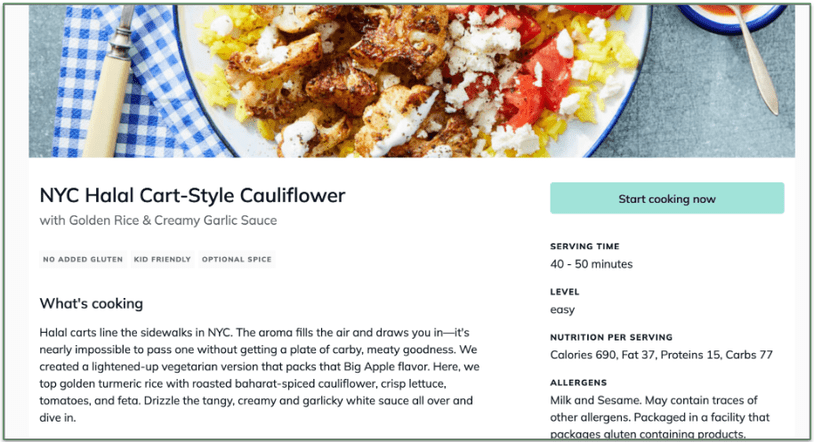 Screenshot of Marley Spoon’s NYC Halal Cart-Style Cauliflower