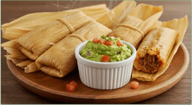Tamales on a wooden serving plate beside a ramekin of guacamole.