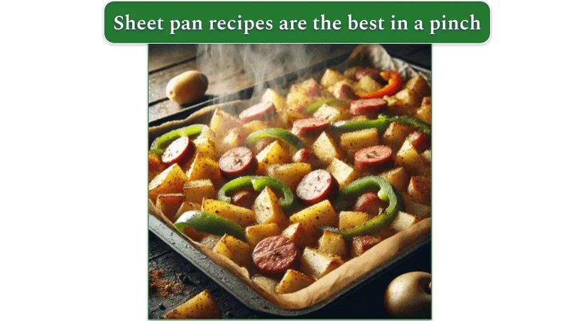 Steaming hot Kielbasa and Potatoes on a sheet pan