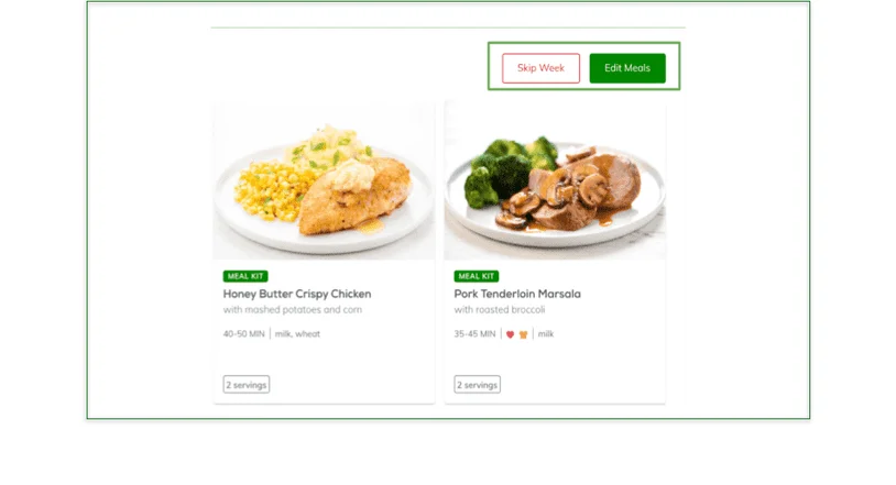 Image of Fresh and Easy's "Skip Week" button, which lets you skip a week if you don't want a delivery.