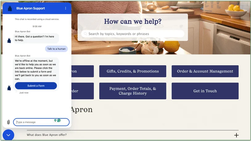 Blue Apron's support page with chatbox open