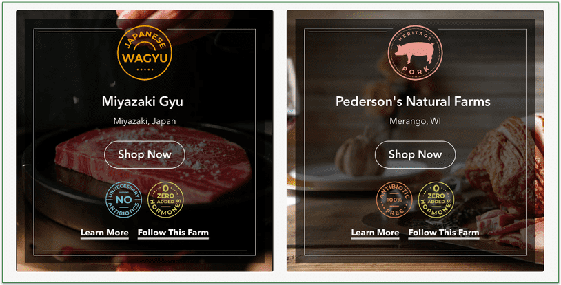 Screenshot of premium wagyu beef and heritage pork farms from Crowd Cow