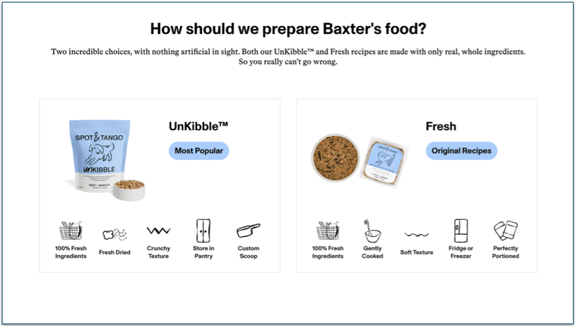 screenshot of plan selection page from spot & tango