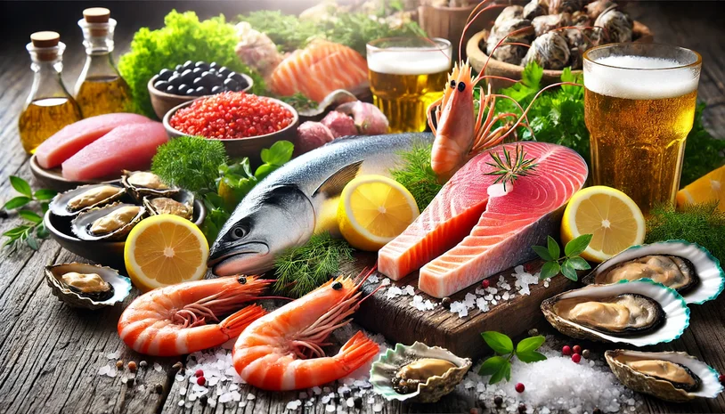 AI-generated image of various seafood