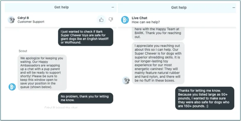 Screenshot of a Live Chat with a Bark Happy Team customer service agent