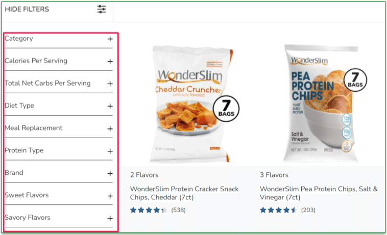 Diet Direct's Snacks & Desserts filtering system